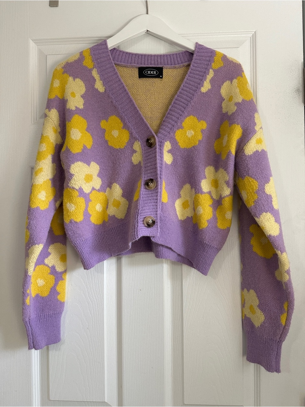 Cider Lavender Cropped Floral Cardigan with Yellow and Cream Blooms